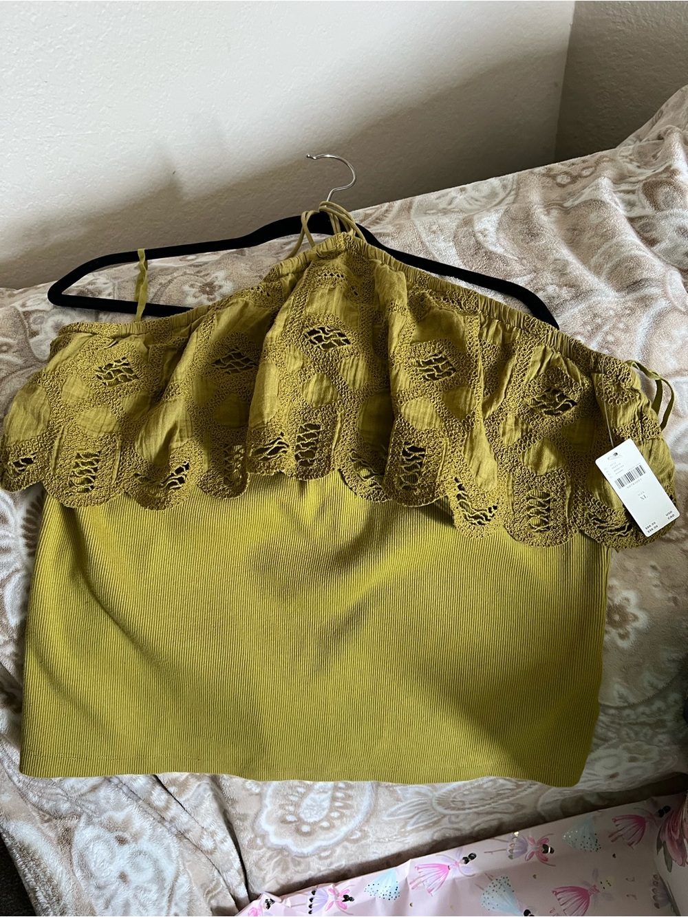 Anthropologie Crochet Cotton Lace-Trim halter top Olive Green XL - Picture 5 of 11